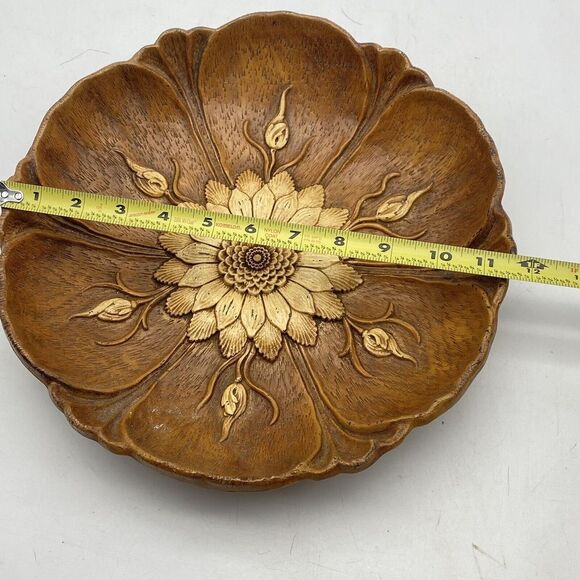 Vtg Sunflower Bowl Multi Prod Inc USA Faux Wood Boho Chic‎ 11.5” MCM Centerpiece - Picture 4 of 12
